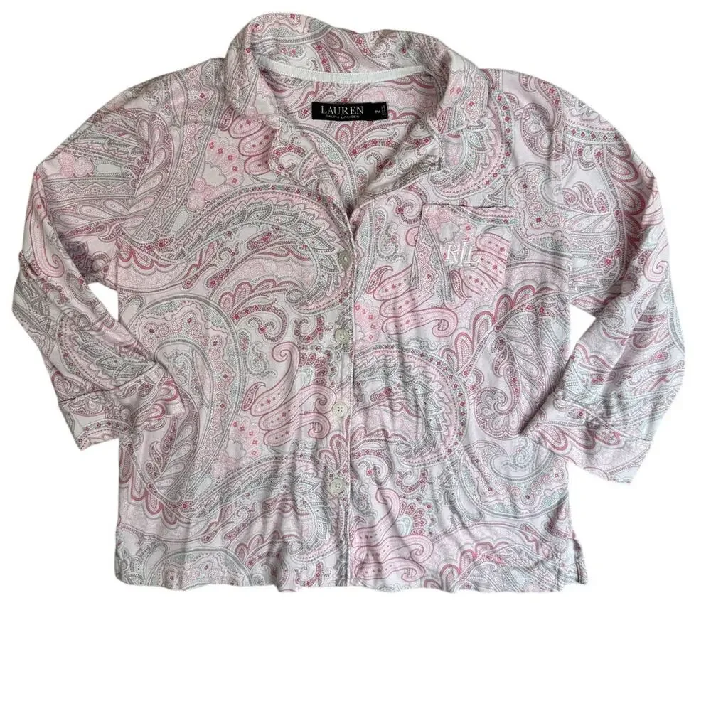 Ralph Lauren Pajama Set Womens Medium Petite PM Pink Paisley Top Pants Lounge
